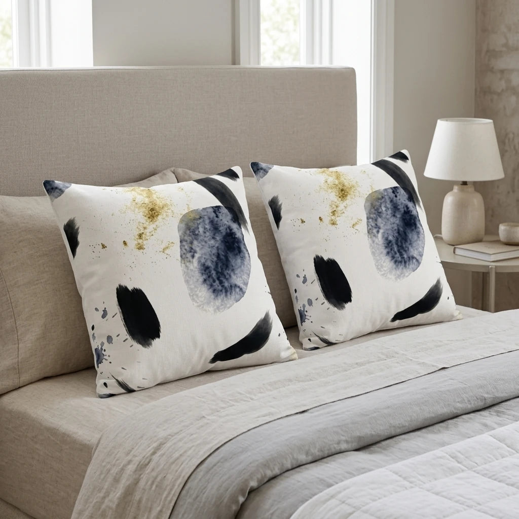 Pair of pillows with navy and gold abstract patterns on a neutral beige bed. Modern lifestyle shot of decorative cushions in a cozy bedroom.