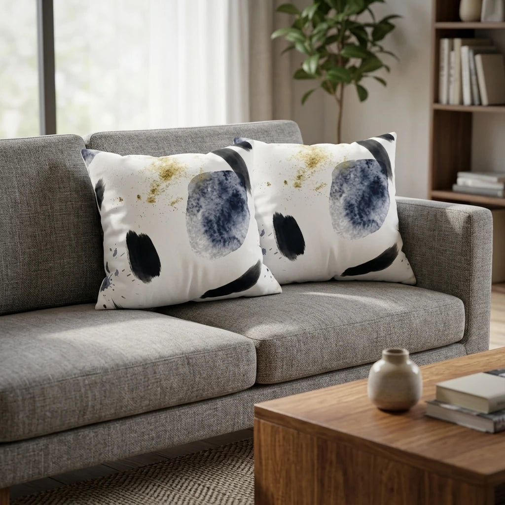 Pair of white cushions with navy and gold abstract art on a contemporary grey sofa in a light-filled living room.