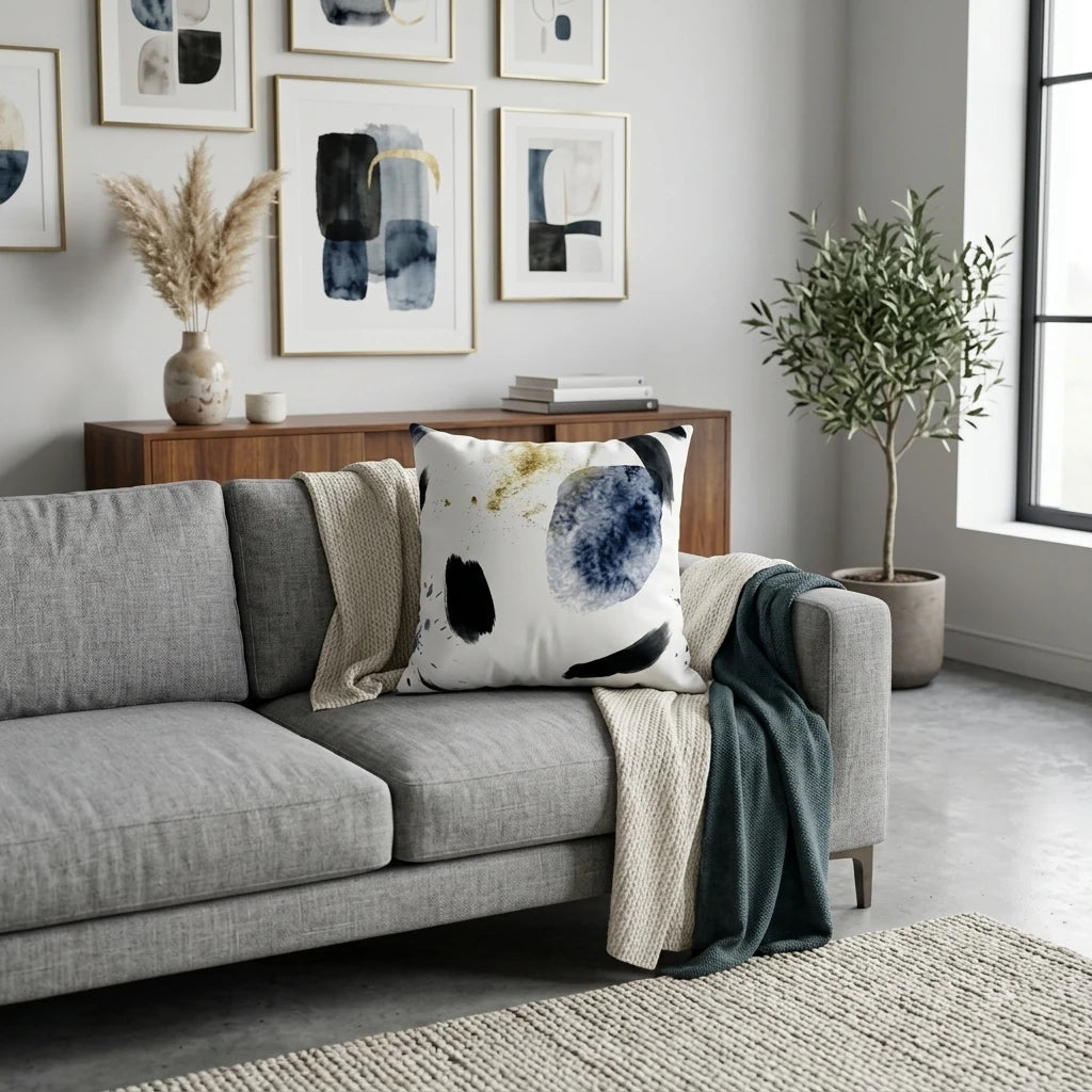 Abstract art pillow with blue and gold accents on a grey couch in a modern living room featuring a gallery wall and potted olive tree.