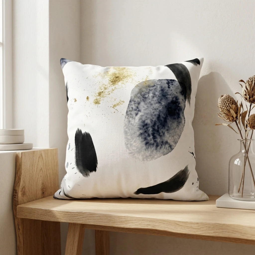 Decorative white cushion with abstract watercolor art and gold accents sitting on a light wood bench in a minimalist room.