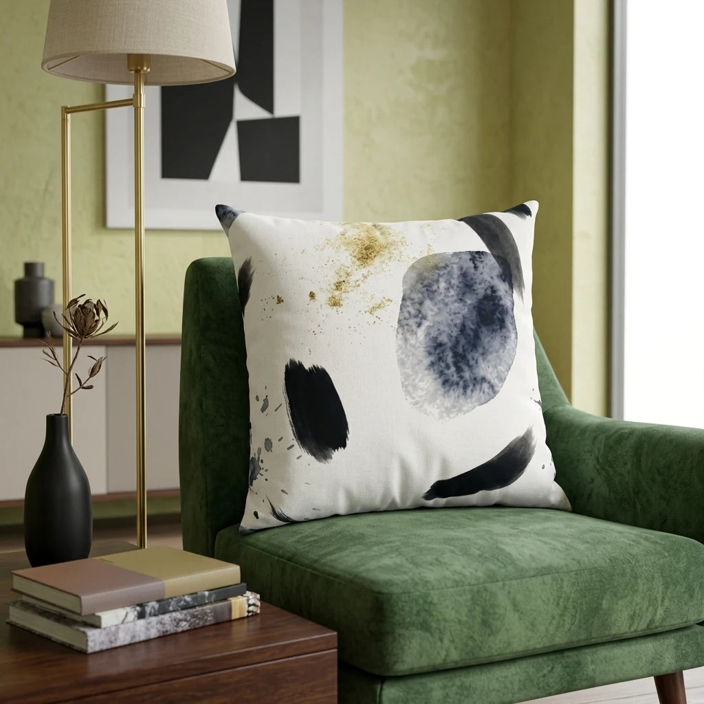 Abstract throw pillow with black and gold patterns on a green velvet armchair in a modern living room setting with a brass lamp and wooden table.