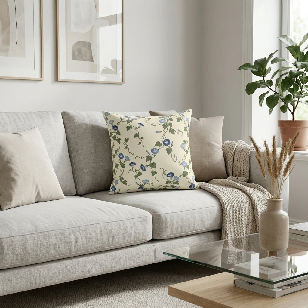 Front view of Asagao Vine Pillow Cover on a white background.