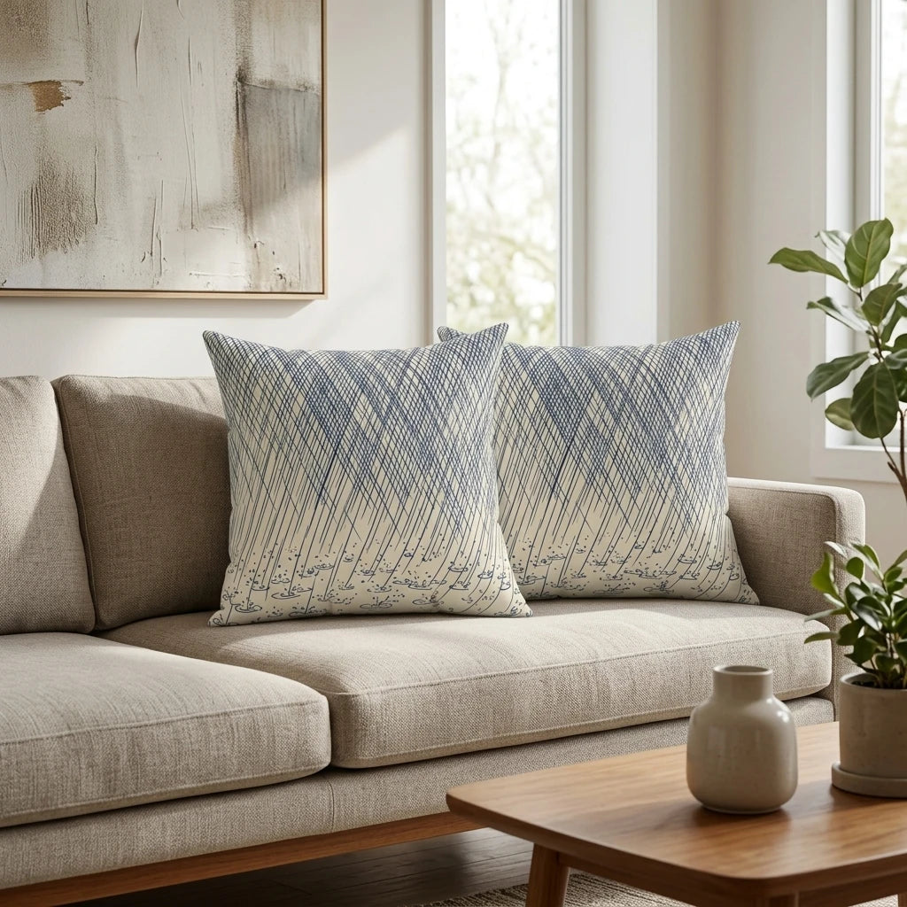 Sketchy Ink Wash Throw Pillow Blanc et Bleu, lifestyle view.