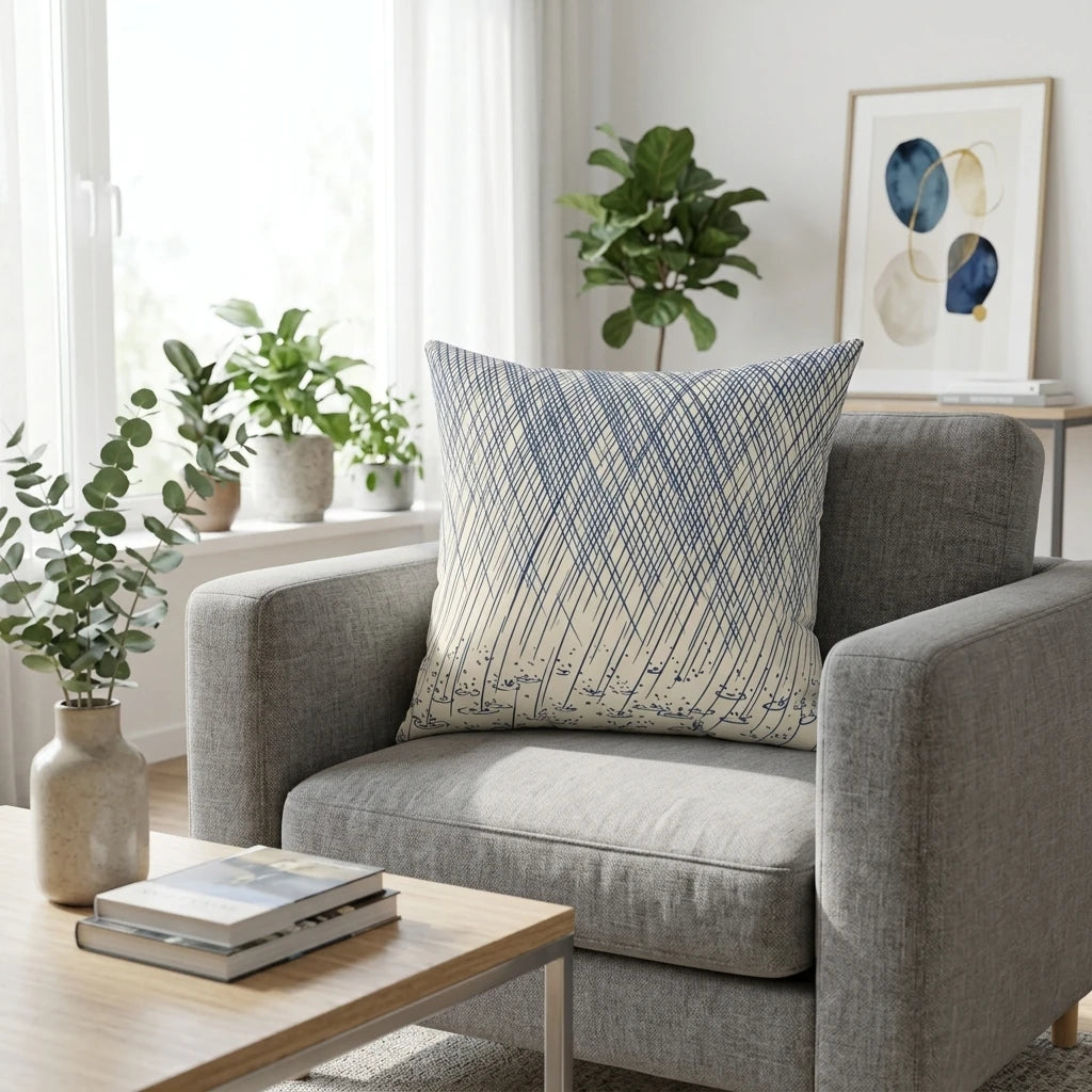 Sketchy Ink Wash Throw Pillow Blanc et Bleu, lifestyle view.