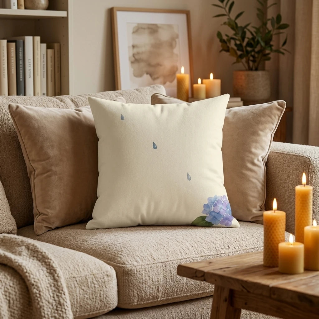 Watercolor Square Cushion Off-White with Floating Drops and, lifestyle view.