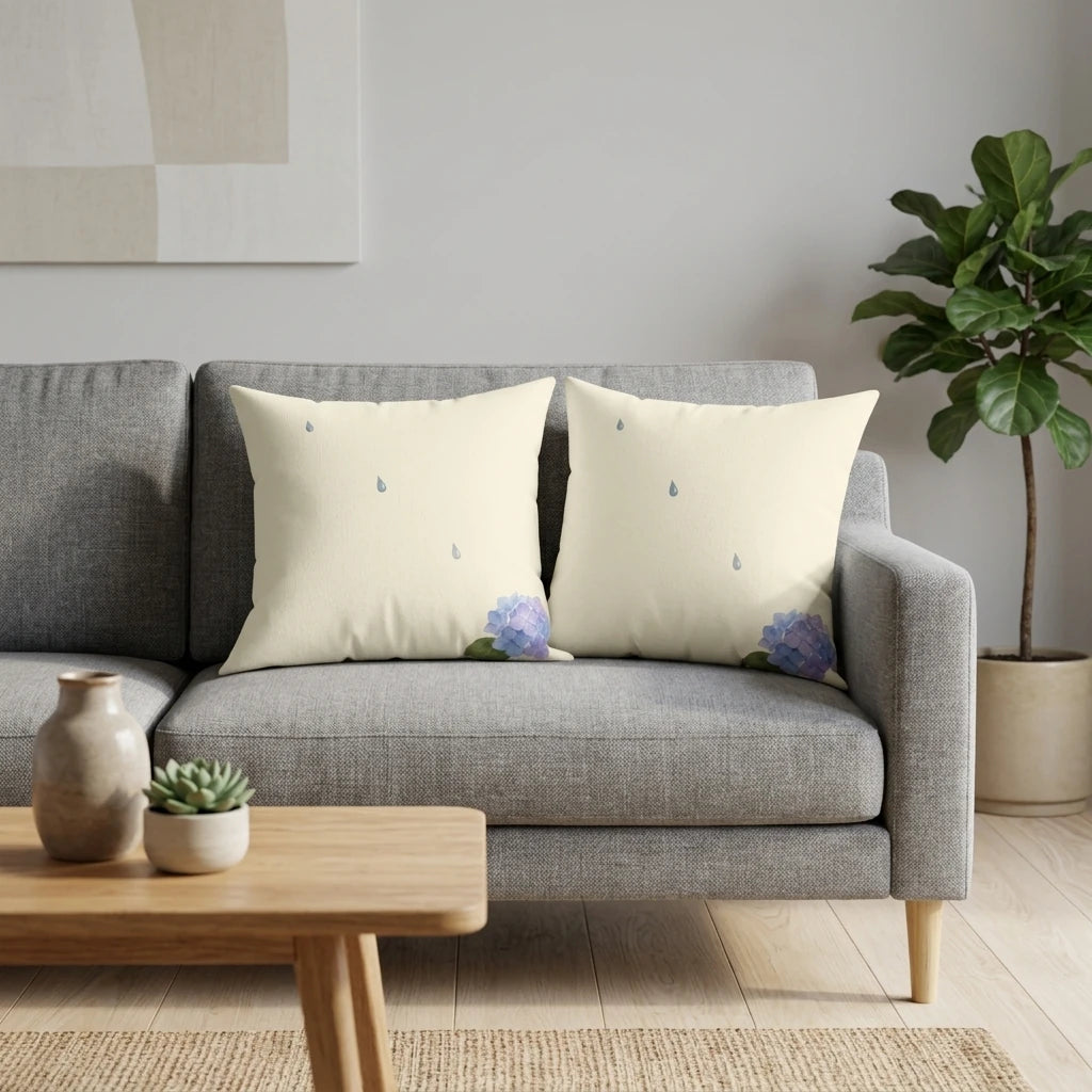 Watercolor Square Cushion Off-White with Floating Drops and, lifestyle view.