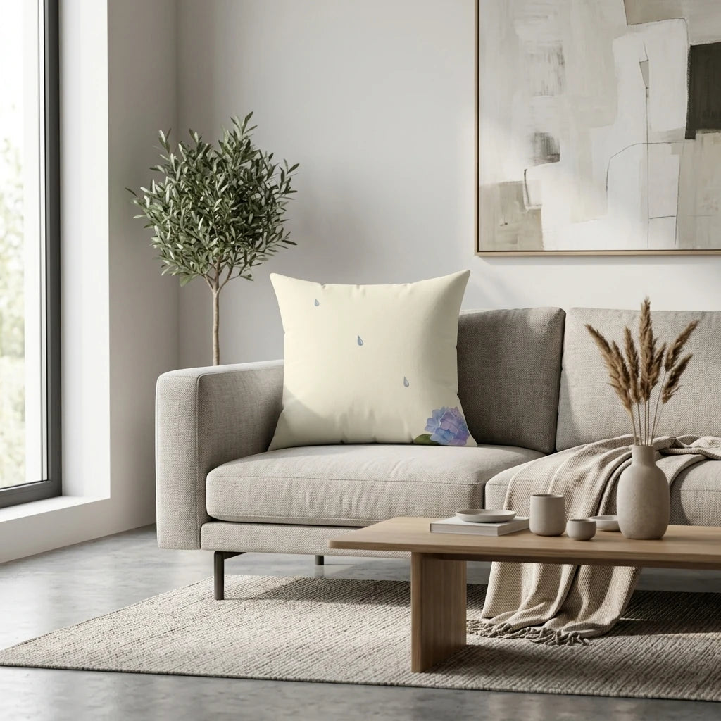 Watercolor Square Cushion Off-White with Floating Drops and, lifestyle view.
