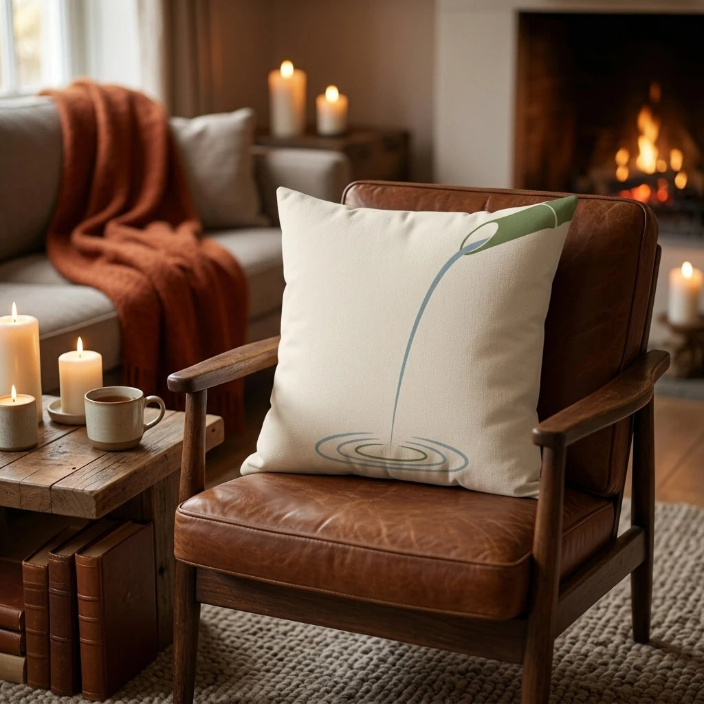 Meditative Japandi Cushion Cover - Bamboo & Water Art, lifestyle view.