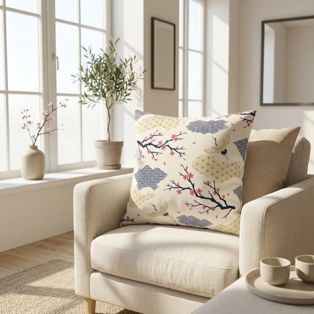Japanese pattern throw pillow with pink sakura and cranes on an armchair in a bright, airy living room with large windows.