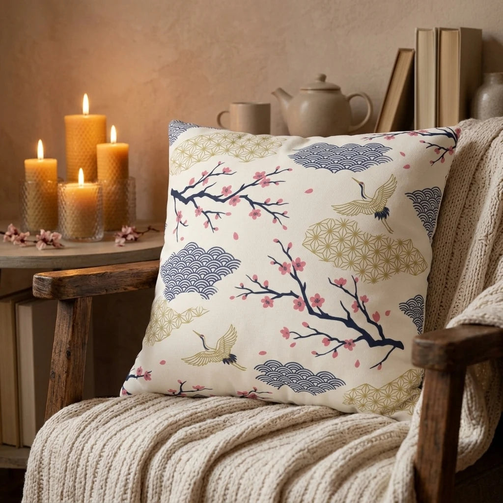 Japanese pattern cushion with cranes and cherry blossoms on a cozy armchair, surrounded by warm candles and a teapot in a relaxing lifestyle scene.