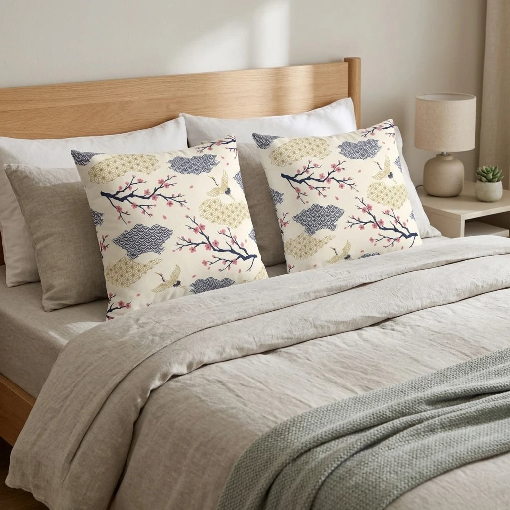 Pair of Japanese-inspired throw pillows with crane and cherry blossom patterns on a bed with gray linens and a wooden headboard.