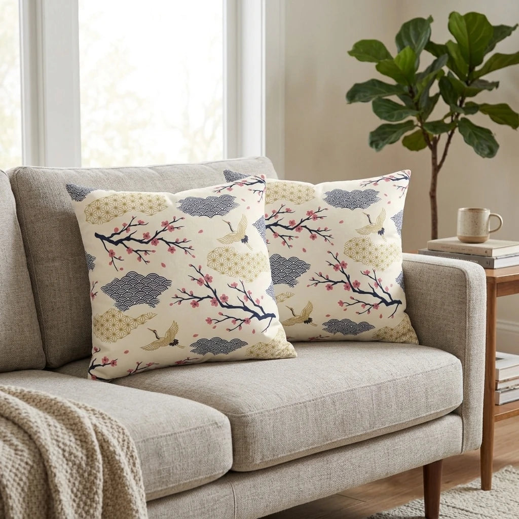 Two cream pillows with Japanese crane and cherry blossom patterns on a gray sofa in a bright, modern living room setting.