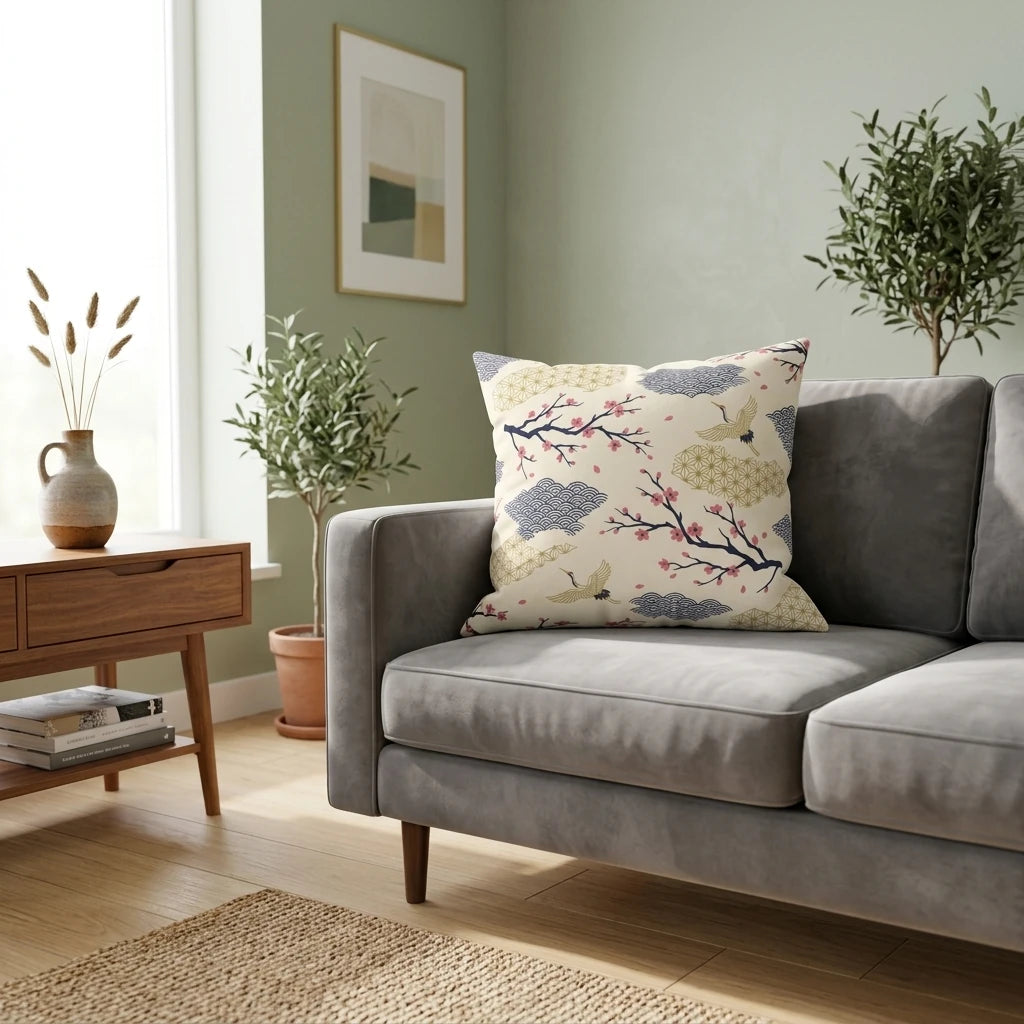 Japanese design pillow with cherry blossoms and cranes on a grey velvet sofa in a modern living room setting with plants and wooden furniture.