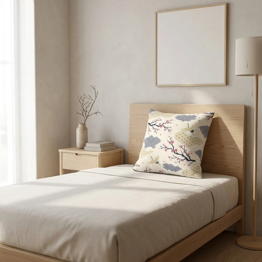 Decorative pillow with Japanese cranes and cherry blossoms on a bed in a bright, minimalist bedroom setting with wooden furniture and decor.