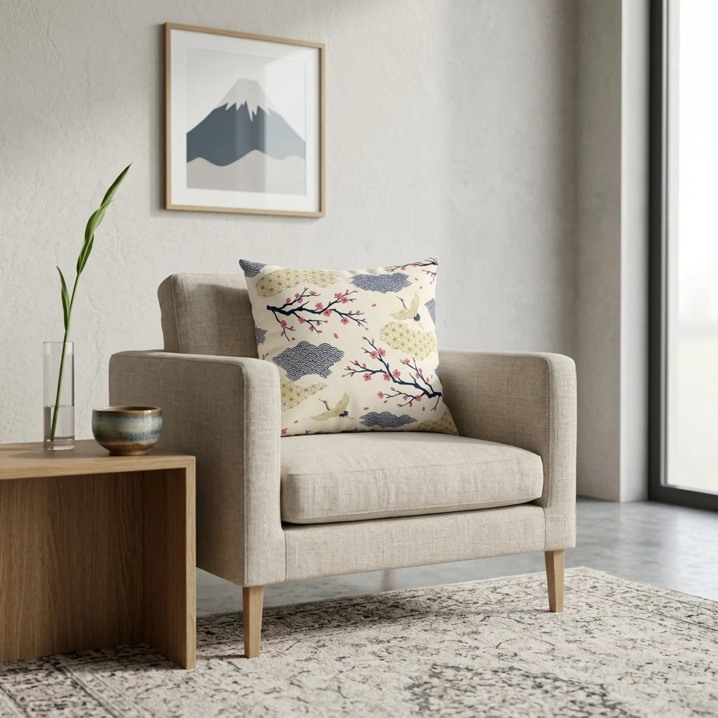 Decorative cream cushion with Japanese cherry blossoms and cranes on a beige armchair in a modern minimalist living room.