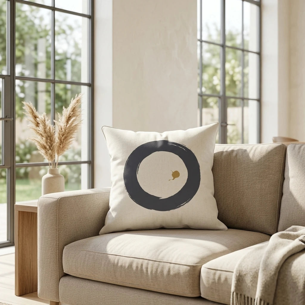 Minimalist cream throw pillow with a black zen circle and gold dot on a beige sofa in a bright room with pampas grass and large windows.