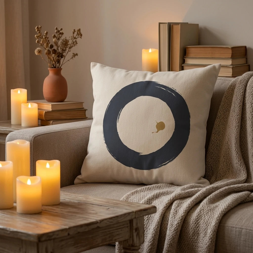 Cream decorative pillow with a black enso circle pattern on a beige couch, surrounded by lit candles and books for a cozy home atmosphere.