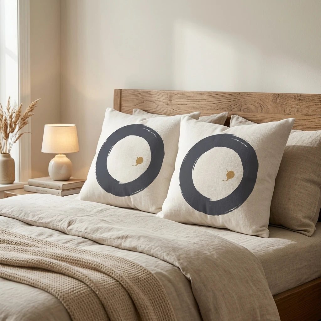 Set of two beige decorative pillows with a dark gray brushstroke circle on a cozy bed with a wooden headboard and bedside lamp.