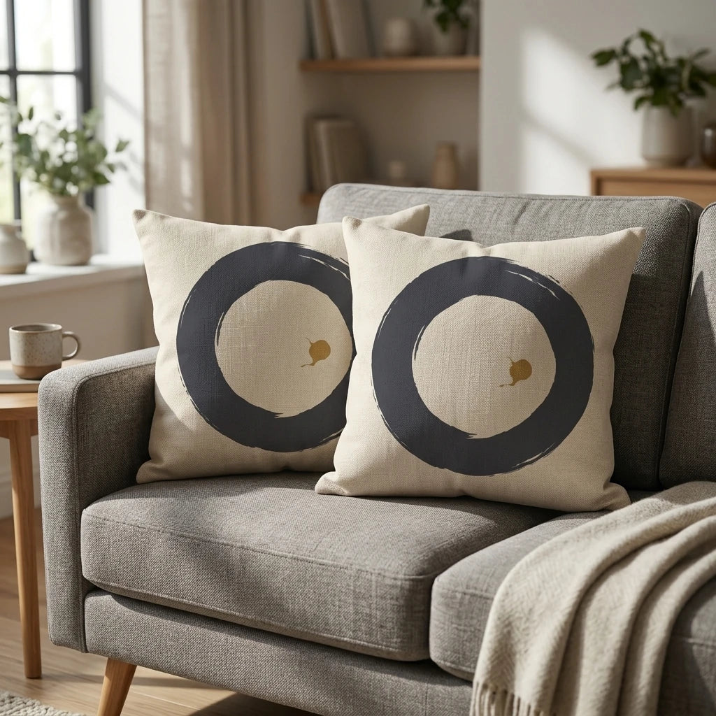 Duo of minimalist cushions with navy brushstroke circles and gold accents on a grey sofa in a bright, cozy living room interior.