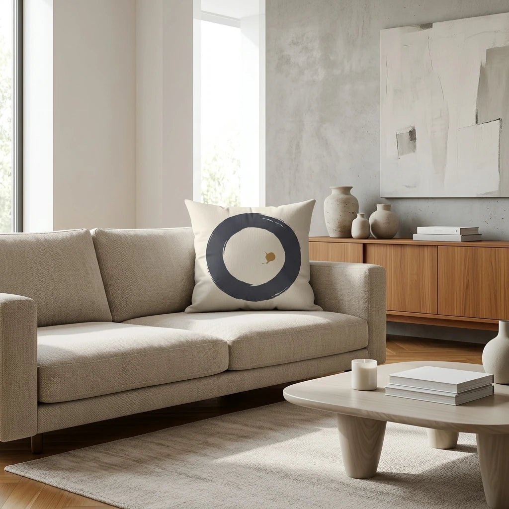 Modern cream cushion with a navy blue Enso circle design on a beige sofa in a minimalist living room setting with wooden furniture.