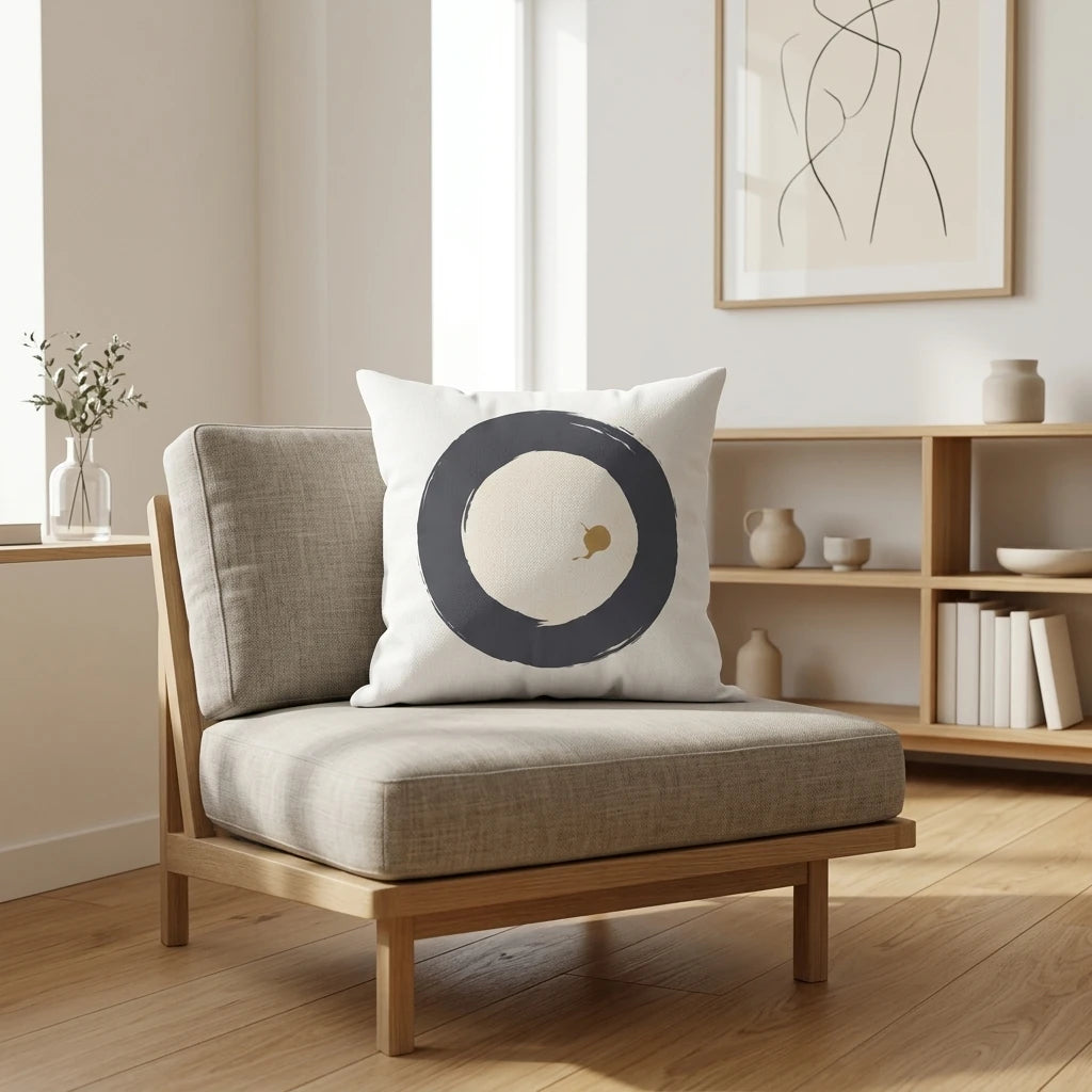 Minimalist throw pillow with a charcoal circle design on a wooden chair in a bright, modern living room with neutral interior decor.