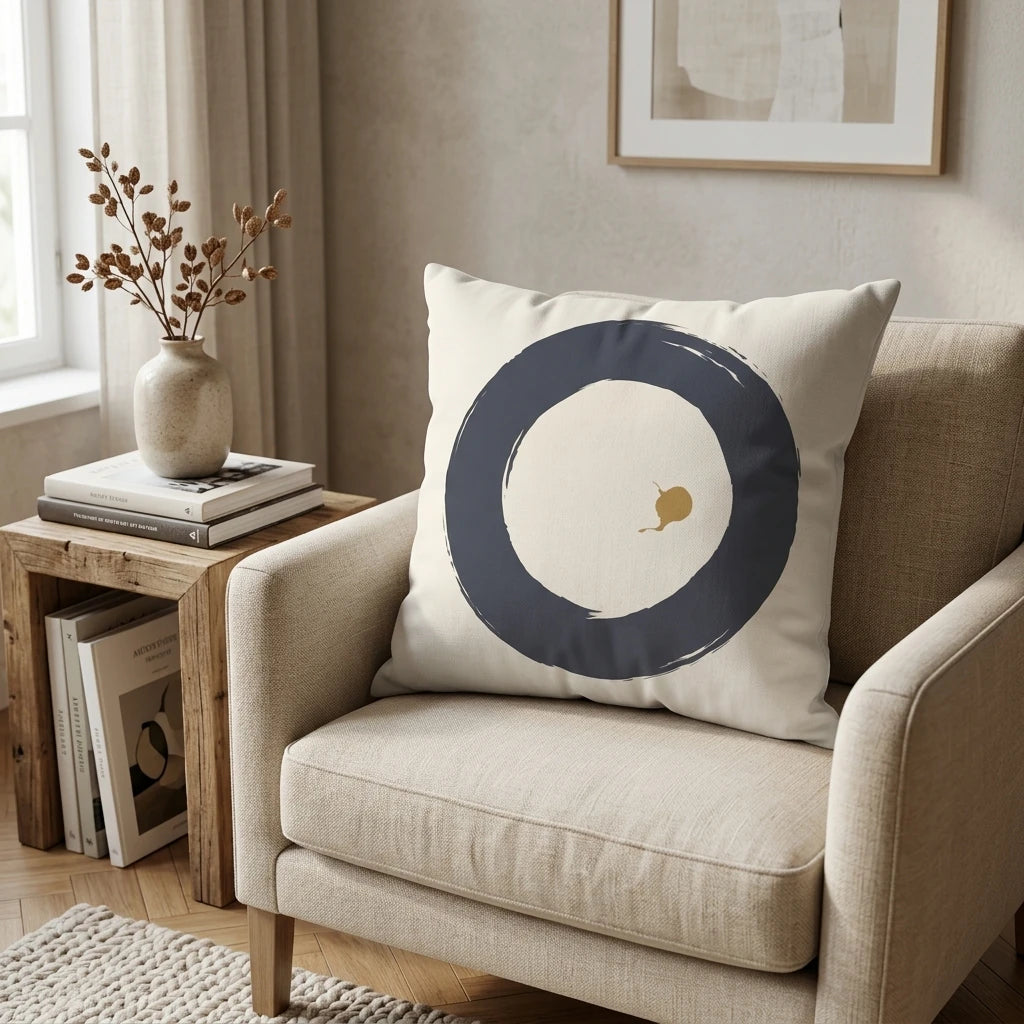 Minimalist cream cushion with a navy blue circle design on a beige armchair in a bright living room with a wooden side table and books.