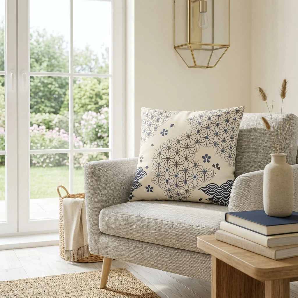 Cream and blue geometric pattern cushion on a grey armchair in a sunlit room by a window, featuring floral and wave designs.