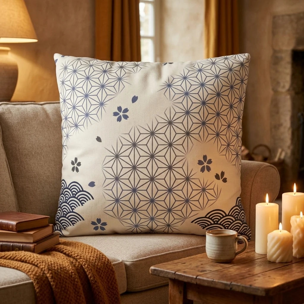 Cream pillow with blue Japanese geometric and wave patterns on a beige sofa in a cozy living room with lit candles and a wooden coffee table.