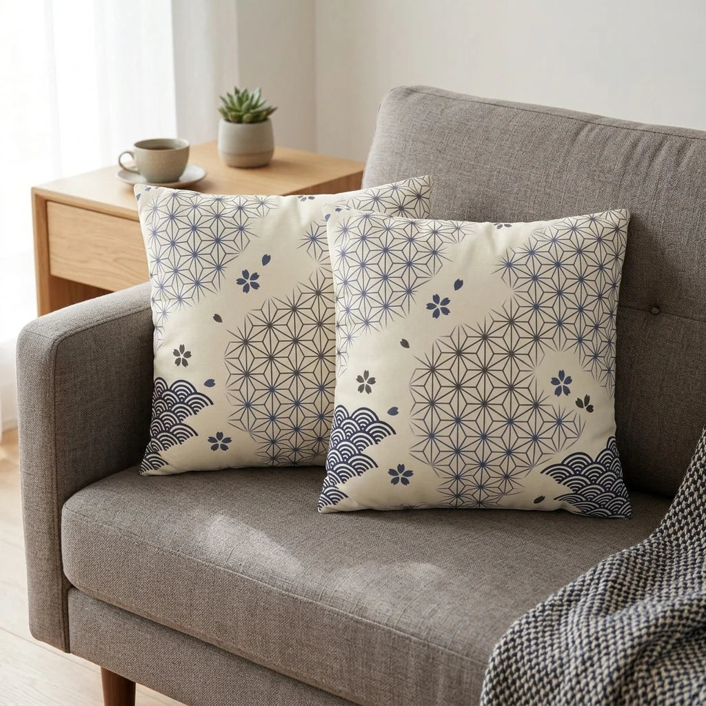 Two cream pillows with navy blue Japanese patterns on a grey sofa. Decorative cushions with geometric and wave designs in a modern living room.