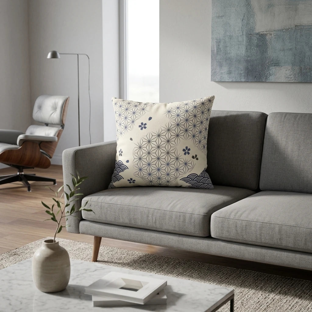 Japanese pattern throw pillow with blue wave and geometric designs on a gray sofa in a bright modern living room lifestyle interior shot.