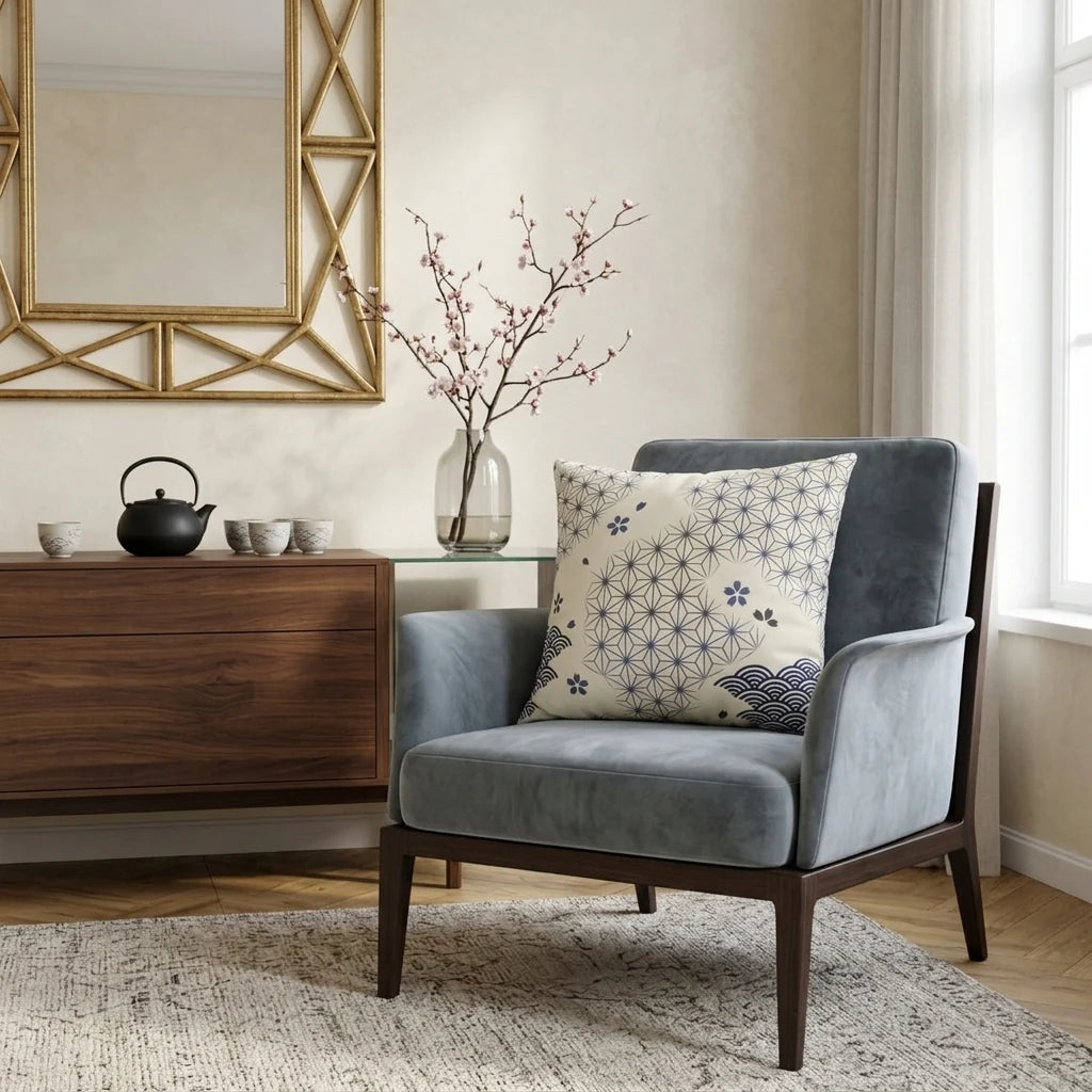 Japanese pattern cushion with blue geometric motifs on a velvet armchair in a modern zen living room with cherry blossoms and a gold mirror.
