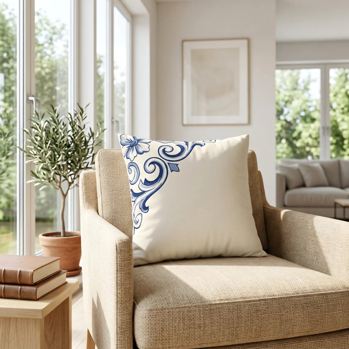 Cobalt Ceramic Scroll Cushion Cover, lifestyle view.