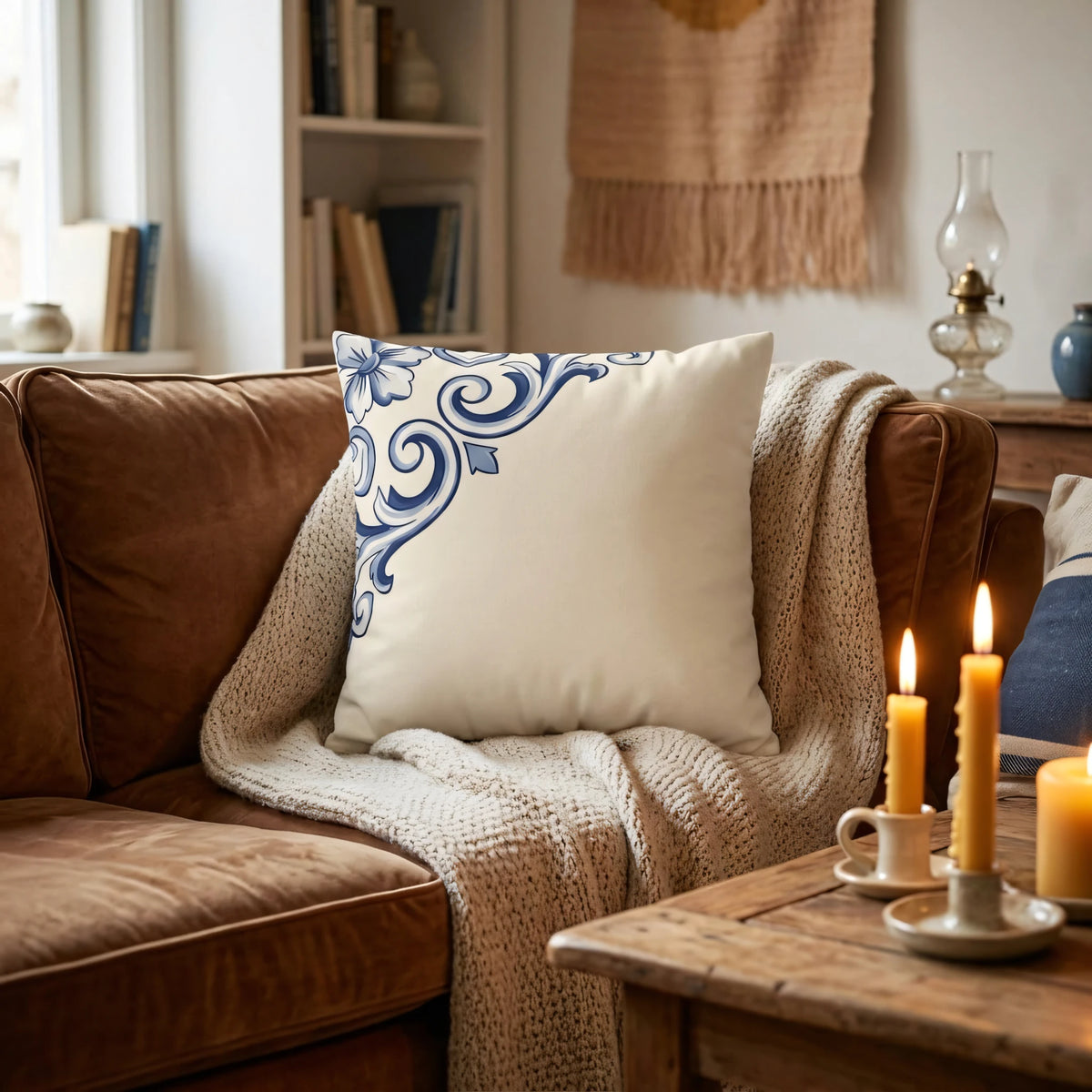 Cobalt Ceramic Scroll Cushion Cover, lifestyle view.