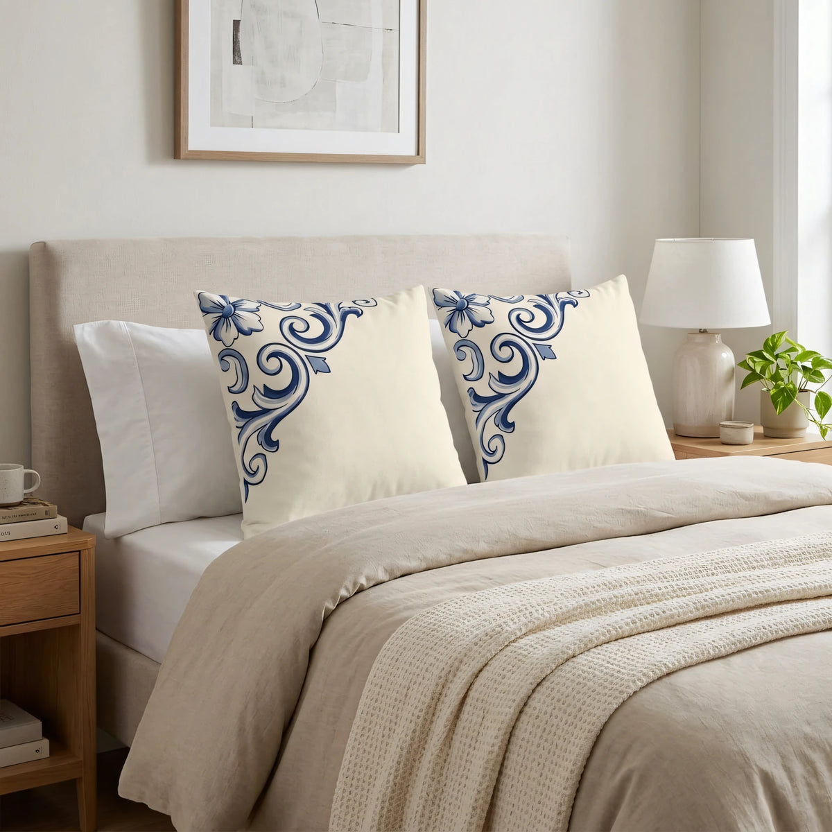 Cobalt Ceramic Scroll Cushion Cover, lifestyle view.