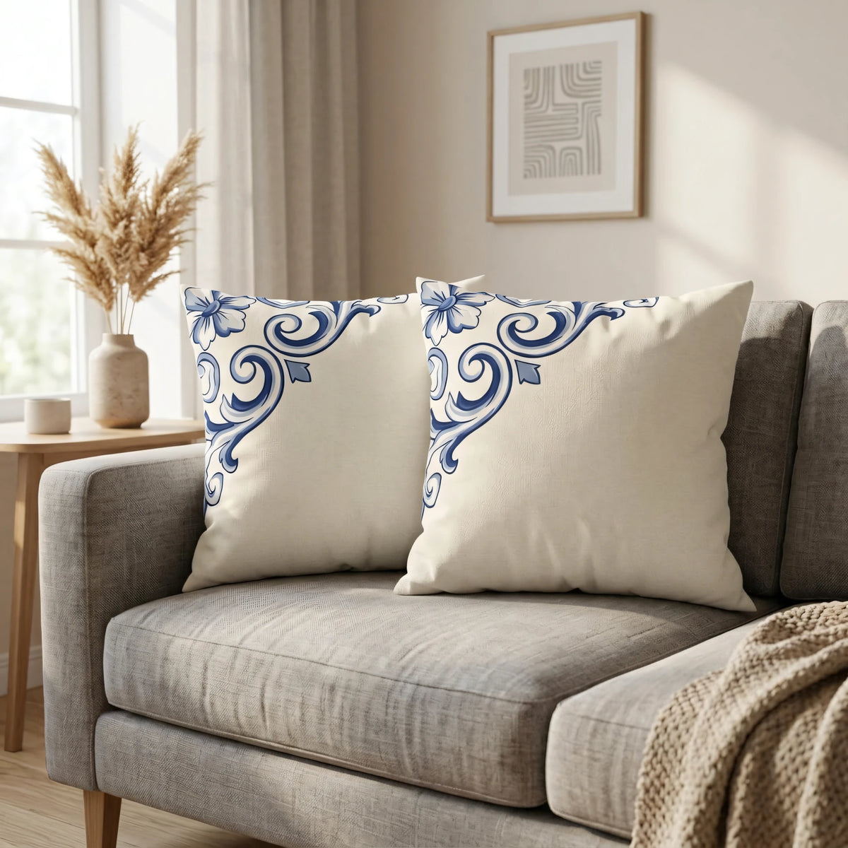 Cobalt Ceramic Scroll Cushion Cover, lifestyle view.
