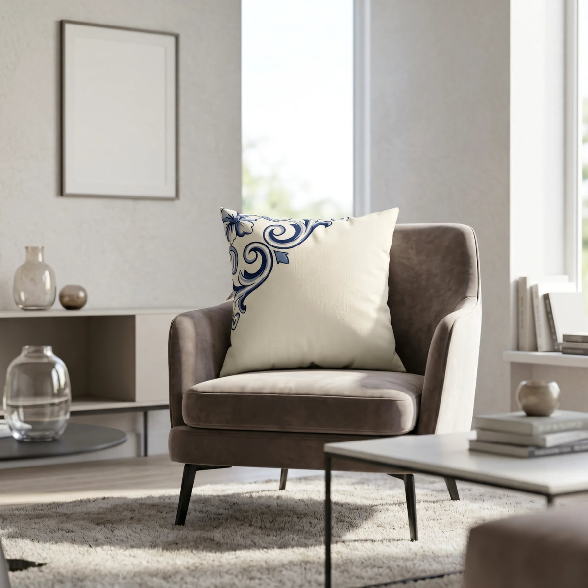 Cobalt Ceramic Scroll Cushion Cover, lifestyle view.