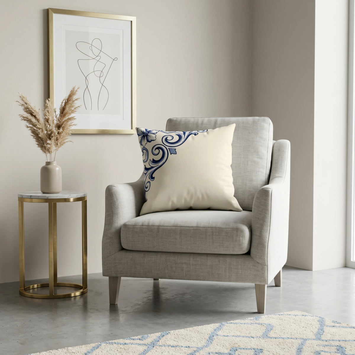 Cobalt Ceramic Scroll Cushion Cover, lifestyle view.