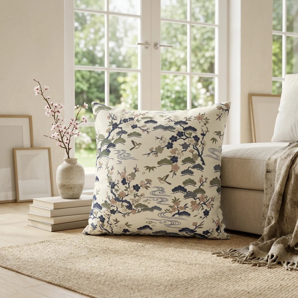 Cream throw pillow with an oriental floral and bird pattern in a bright, sunlit living room lifestyle setting on a jute rug.