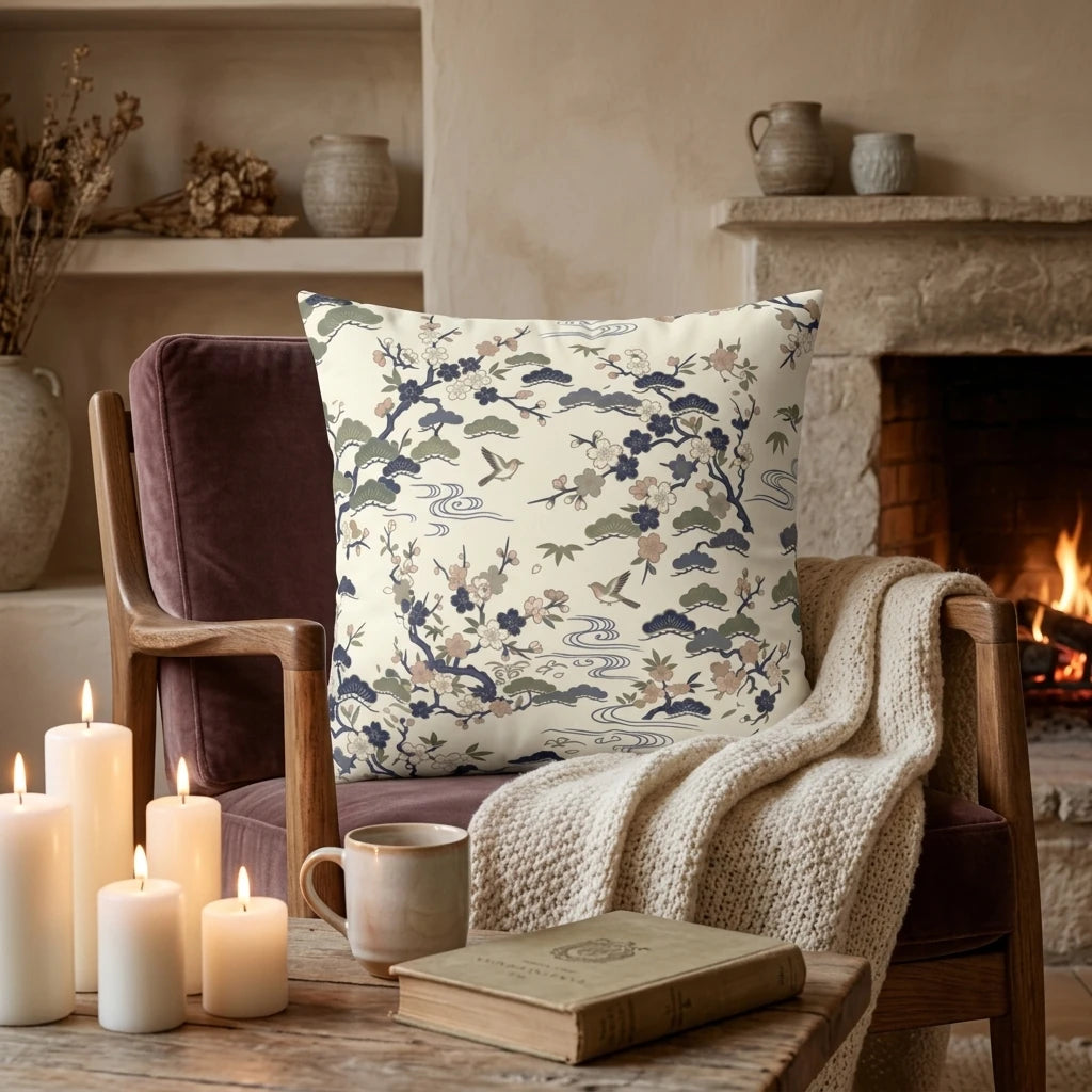 Cream Japanese floral coussin throw pillow on a cozy armchair in a warm living room with a fireplace, glowing candles, and a book.