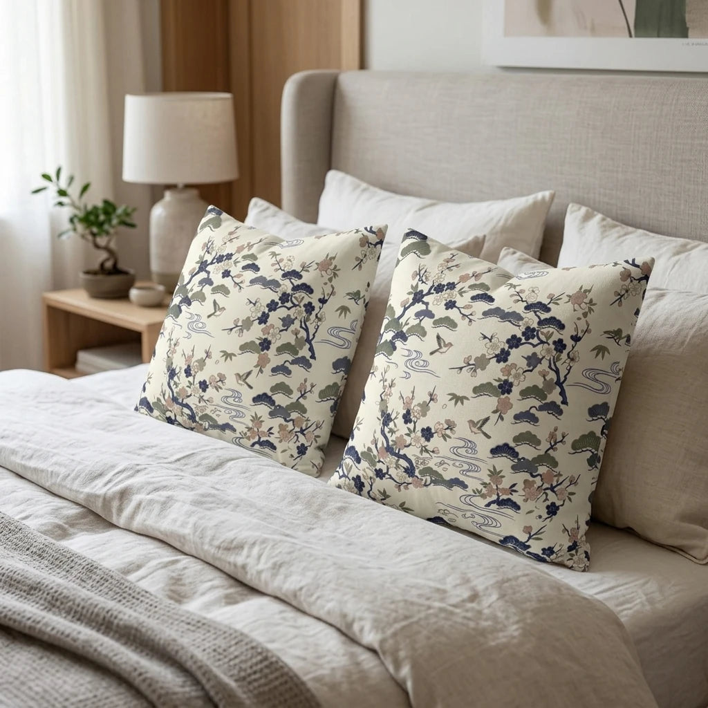 Pair of decorative cushions with a Japanese nature pattern on a cozy bed with neutral linens and a bonsai plant in a modern bedroom setting.