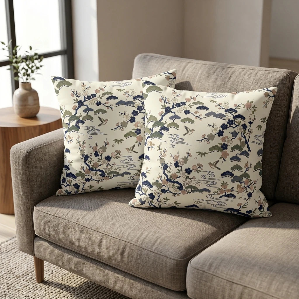 Duo of throw pillows with a navy and sage Japanese nature print on a modern fabric sofa in a sunlit minimalist living room.