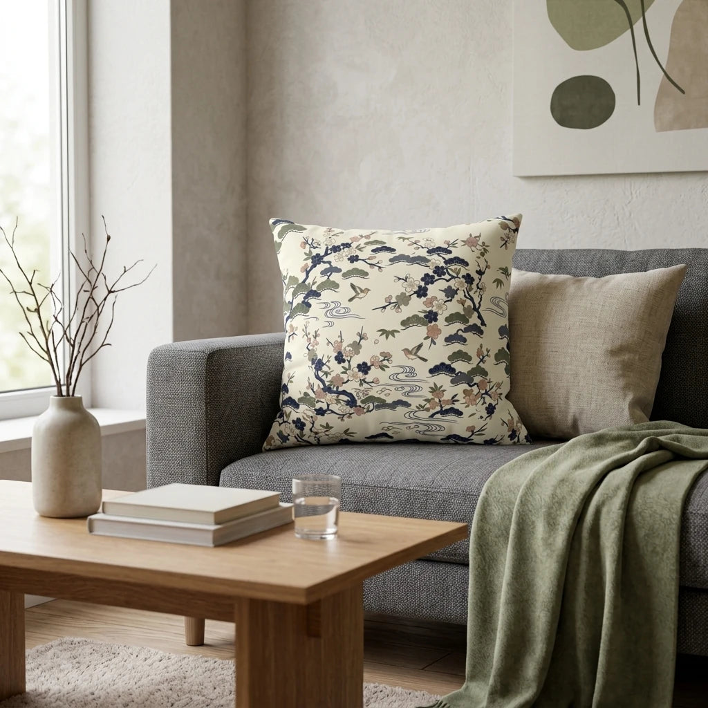 Floral pattern decorative cushion on a gray sofa in a modern living room setting with a green throw blanket and a wooden coffee table.