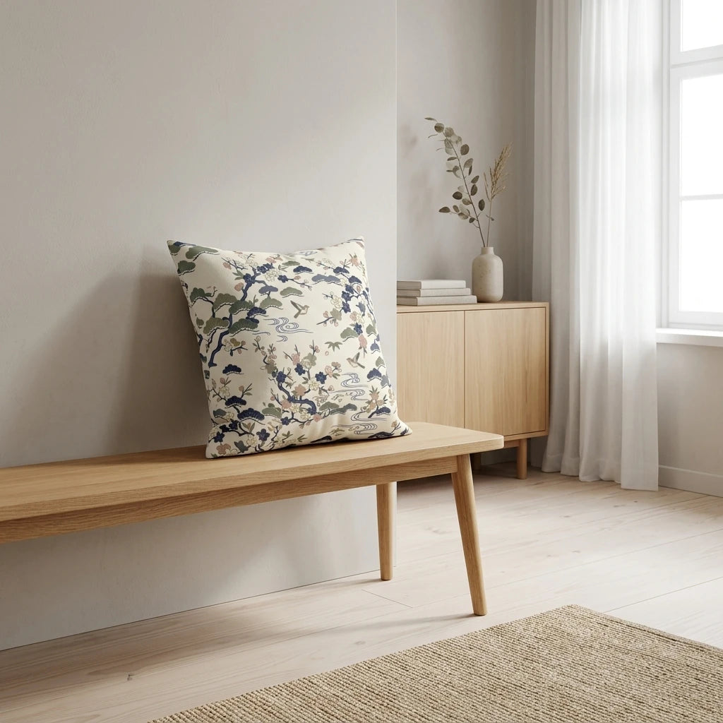 Japanese style floral cushion with blue and green trees on a wooden bench in a minimalist room with a jute rug and neutral tones.
