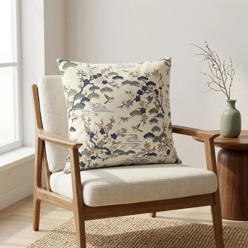 Cream Japanese floral throw pillow with cherry blossoms and pine trees on a wooden chair in a minimalist, sunlit living room.