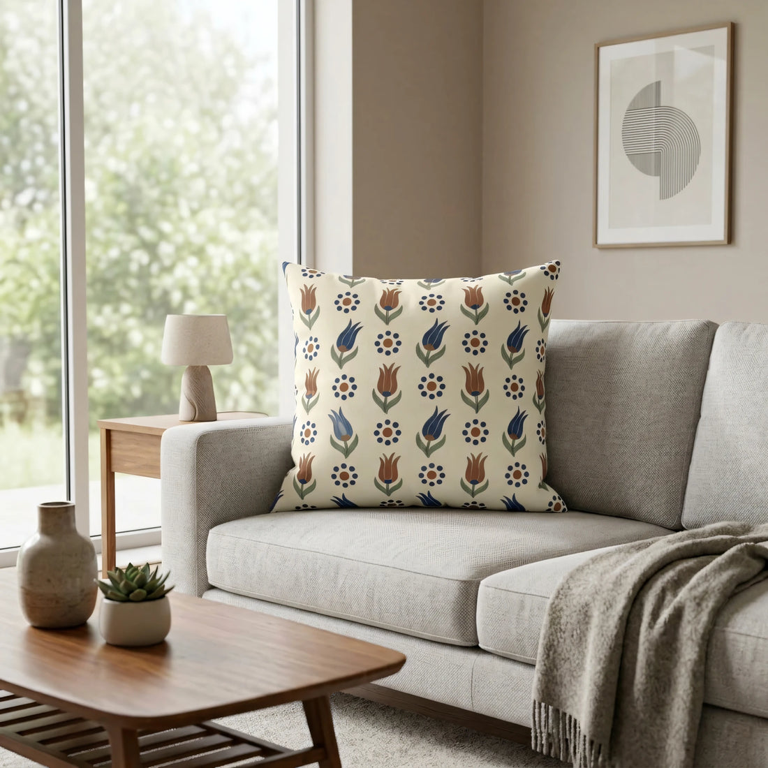 Front view of Artisanal Anatolian Inspired Throw Pillow Case in Cream on a white background.