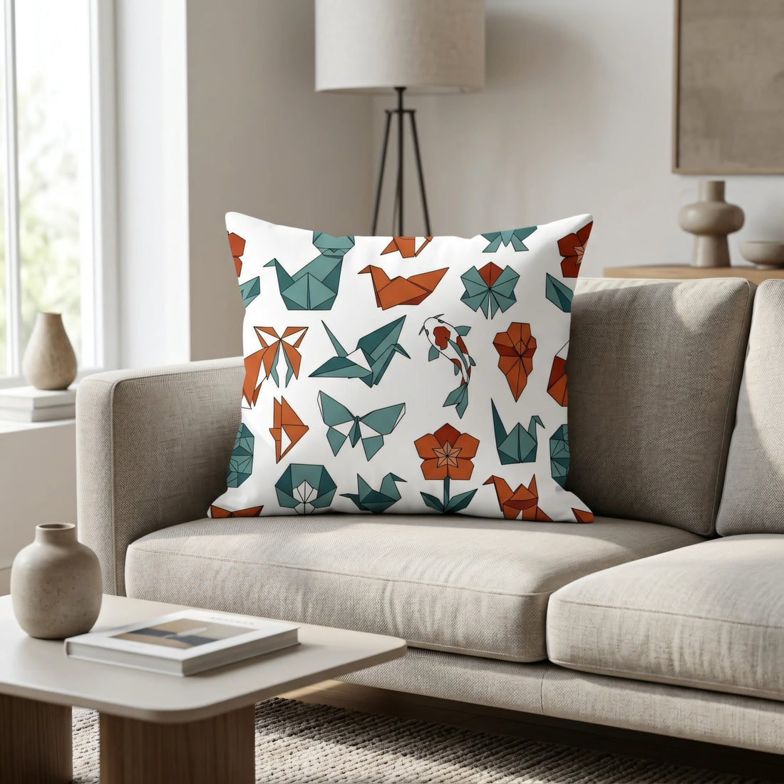 Front view of Teal Rust Origami Animal Cushion Cover on a white background.