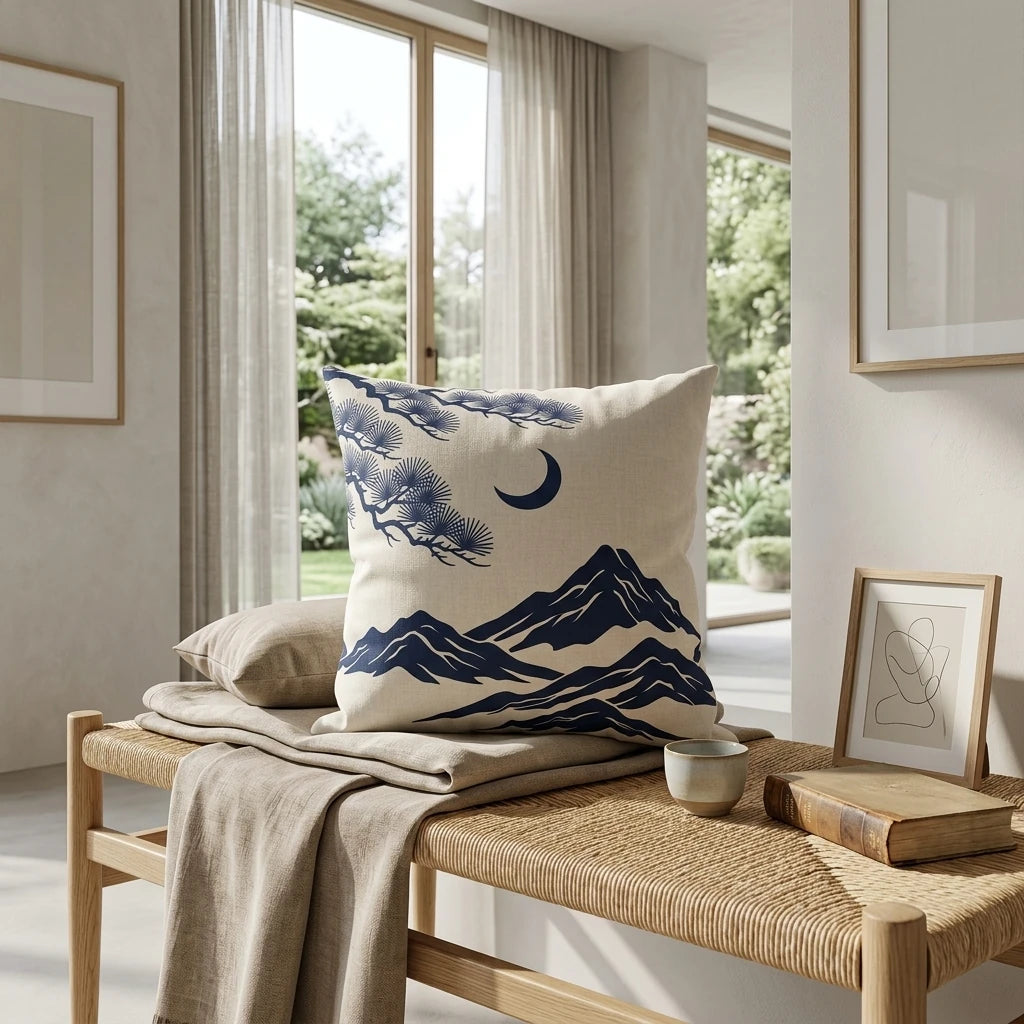 Decorative pillow featuring a navy blue mountain landscape on a woven wooden bench in a bright, sunlit room with minimalist decor.