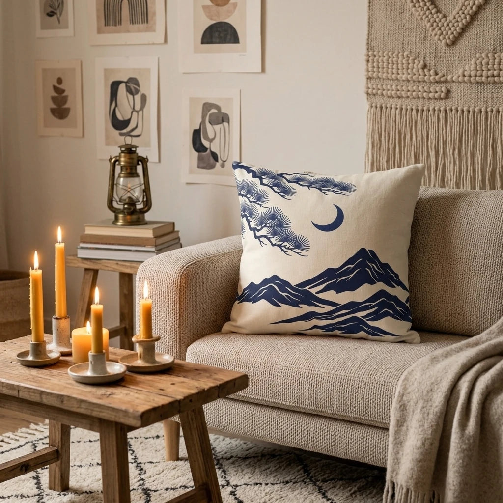 Decorative cushion featuring blue mountain and moon pattern on a beige sofa in a cozy living room with glowing candles and rustic home decor.