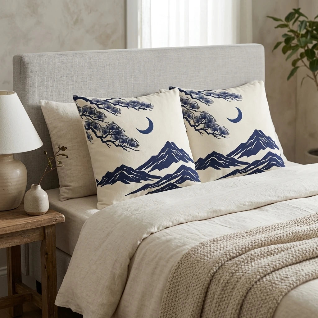 Two navy blue Japanese mountain landscape pillows on a cream bed with a grey headboard, styled in a minimalist bedroom lifestyle scene.
