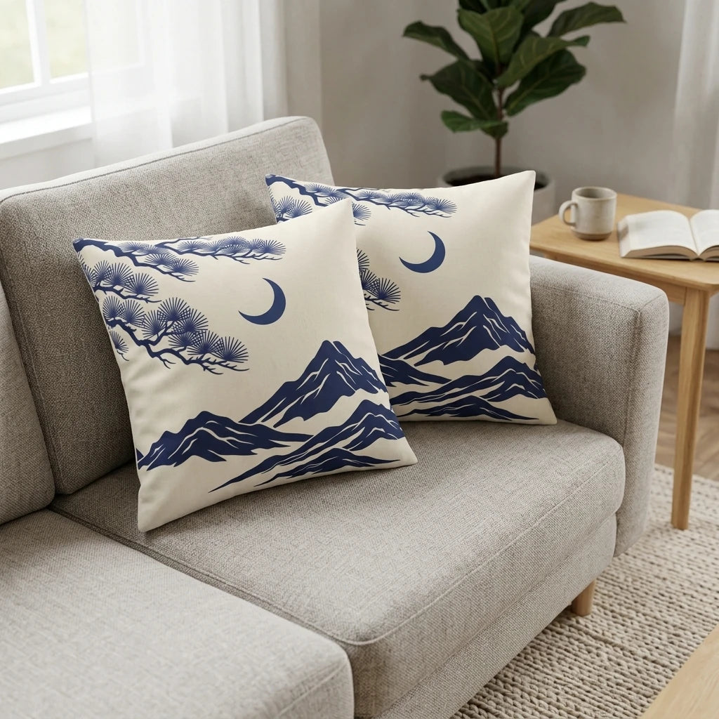 Two cream cushions featuring blue mountain landscapes and pine trees on a modern grey sofa in a bright, minimalist living room.